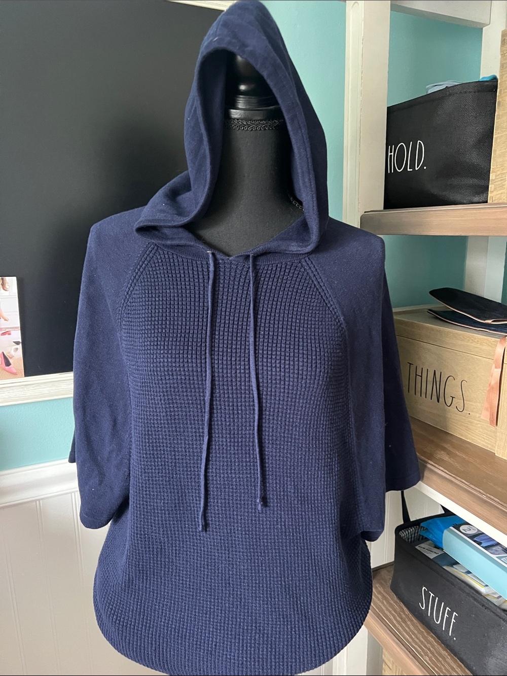 Chaps Navy Hooded Waffle-Knit Pullover